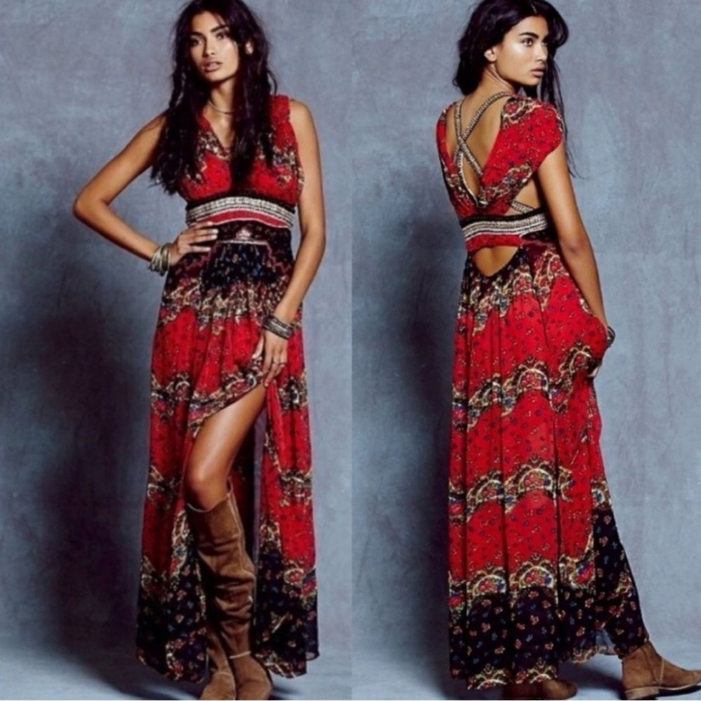 Free People New Romantics ethereal boho goddess Red Max Dress open back - Picture 3 of 9